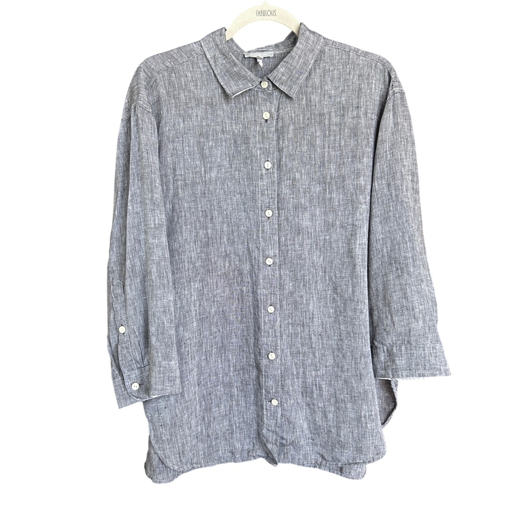 Hinson Wu Halsey Coastal Linen Gray Button Down Shirt 3/4 Sleeve Lagenlook XL